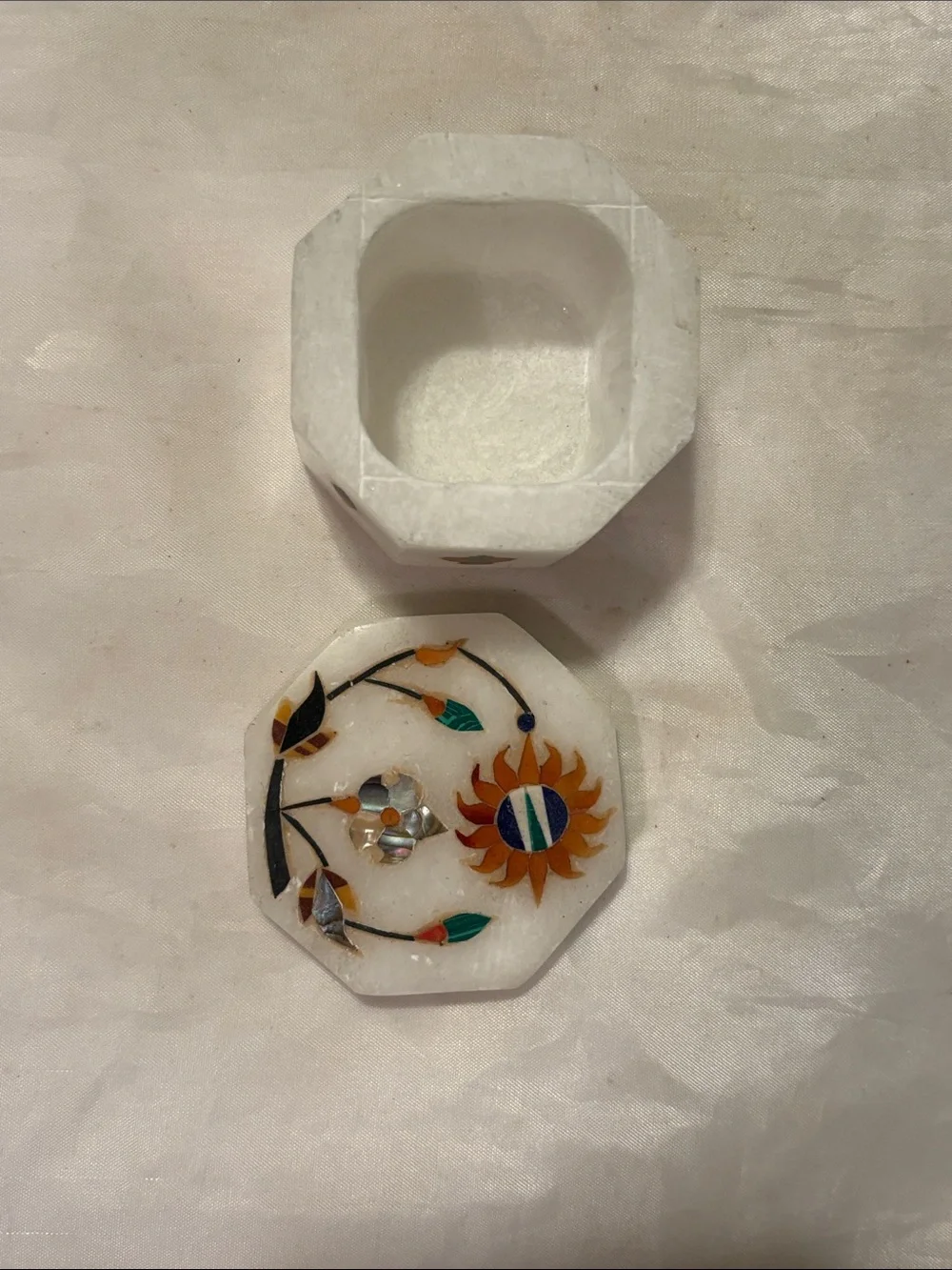 Vintage Soapstone Jewelry Trinket Box with Inlay Floral Design - White